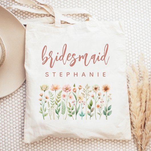 Persoonlijke Wilde Bloemen Roze Script Bruidsmeisj Tote Bag