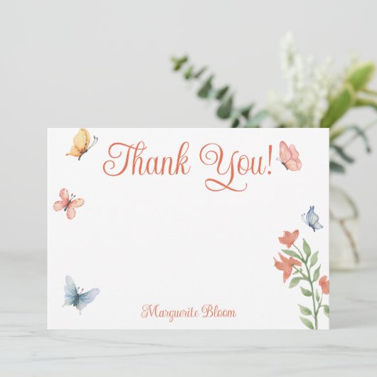 Persoonlijke Wilde Bloemen Vlinders Bruidsfeest  Bedankkaart (Staand voorkant)