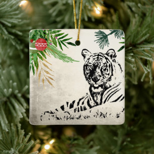 Persoonlijke Wilde Tijger en Palm Fronds Kerstmis Keramisch Ornament