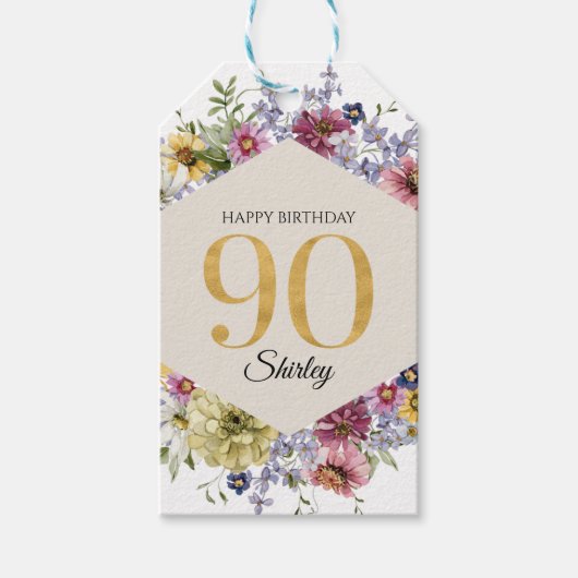 Persoonlijke Wildflower 90e Verjaardag Cadeaulabel (Voorkant)