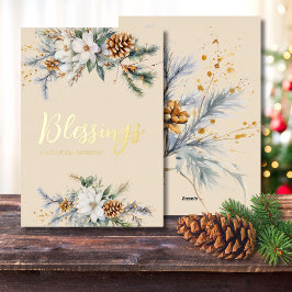 Persoonlijke Winter Magnolia en Pijnboompit Zegen Folie Feestdagenkaart