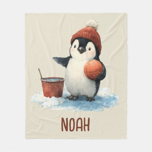 Persoonlijke Winter Pinguïn Basketbal Kind Fleece Deken (Voorkant)