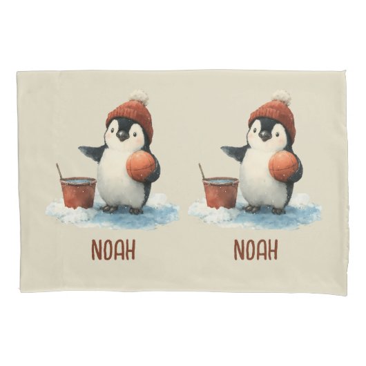 Persoonlijke Winter Pinguïn Basketbal Kind Kussensloop (Voorkant)