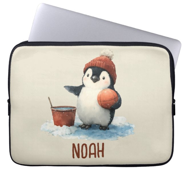 Persoonlijke Winter Pinguïn Basketbal Kind Laptop Sleeve (Voorkant)