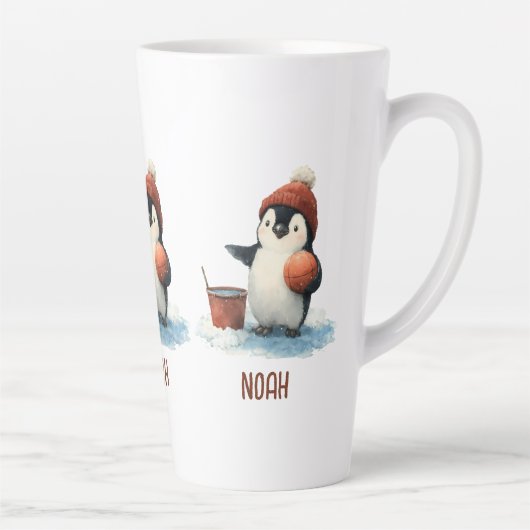 Persoonlijke Winter Pinguïn Basketbal Kind Latte Mok (Rechts)