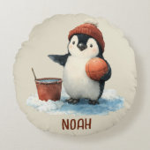 Persoonlijke Winter Pinguïn Basketbal Kind Rond Kussen (Voorkant)