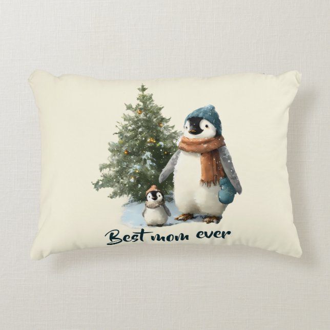 Persoonlijke Winter Pinguïn “Beste Moeder Ooit” Accent Kussen (Voorkant)