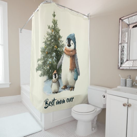 Persoonlijke Winter Pinguïn “Beste Moeder Ooit” Douchegordijn (In situ)