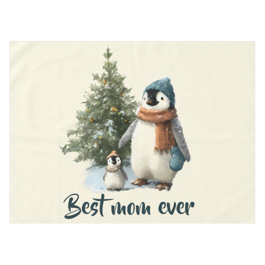 Persoonlijke Winter Pinguïn “Beste Moeder Ooit” Tafelkleed (Voorkant (Horizontaal))