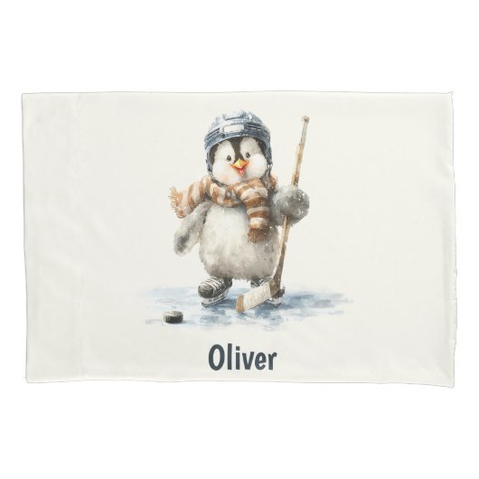 Persoonlijke Winter Pinguïn Hockey Kind Kussensloop (Voorkant)