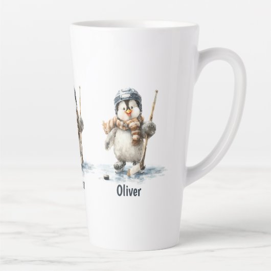 Persoonlijke Winter Pinguïn Hockey Kind Latte Mok (Rechts)
