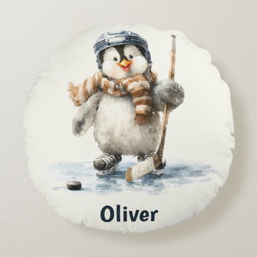 Persoonlijke Winter Pinguïn Hockey Kind Rond Kussen (Voorkant)