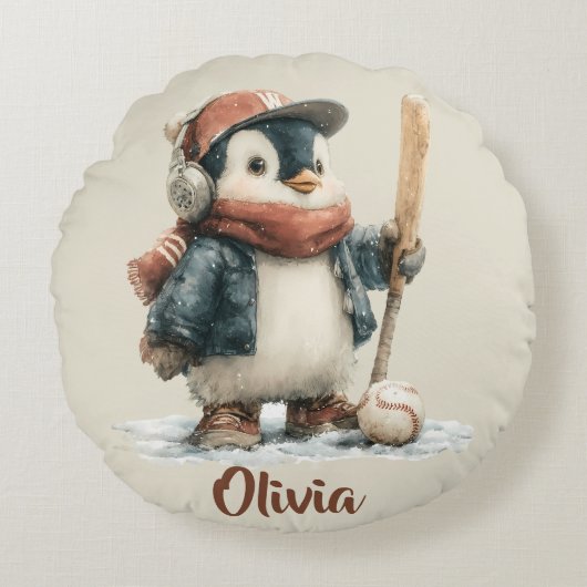 Persoonlijke Winter Pinguïn Softbal Kind Rond Kussen (Voorkant)