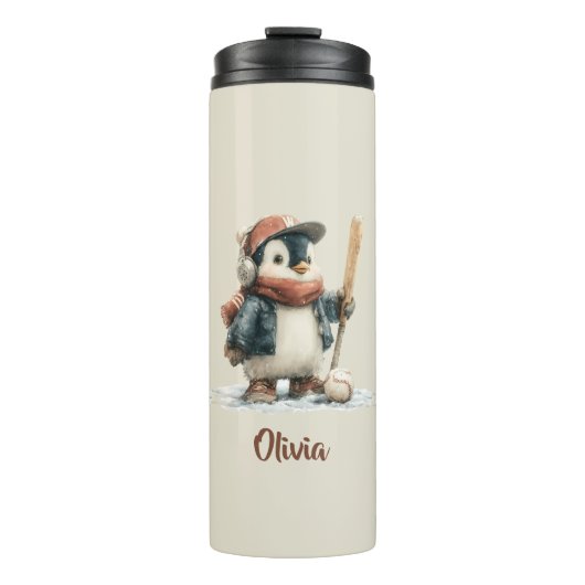 Persoonlijke Winter Pinguïn Softbal Kind Thermosbeker (Voorkant)