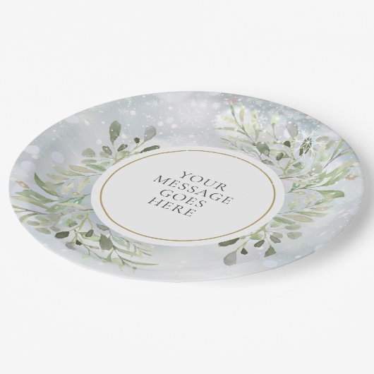 Persoonlijke Winter Sneeuwvlokken Groene Bladeren Papieren Bordje (Gekanteld)