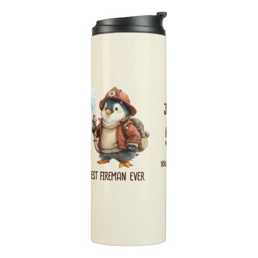 Persoonlijke winterpinguïn brandweerman cadeau mok (Gedraaid links)