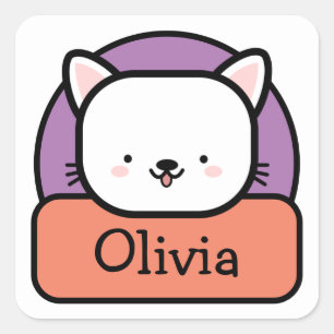 Persoonlijke witte cartoonkat vierkante sticker