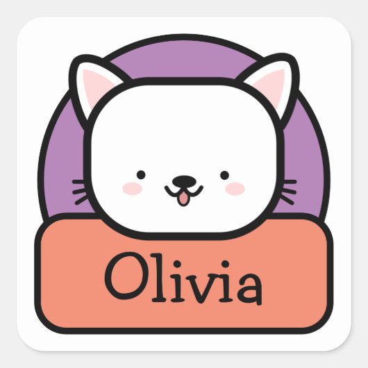Persoonlijke witte cartoonkat vierkante sticker (Voorkant)
