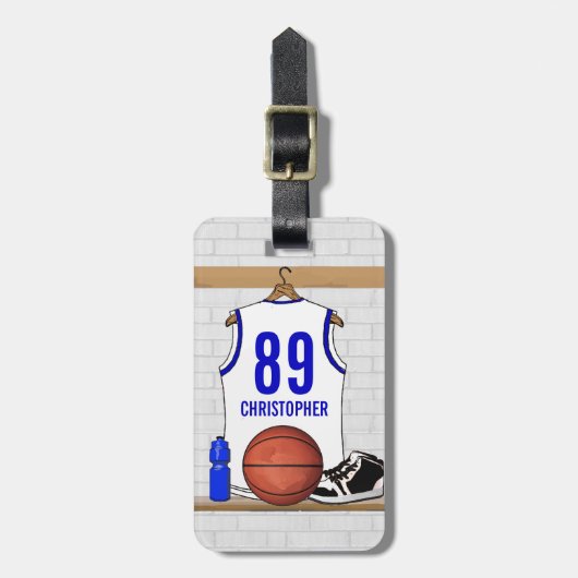 Persoonlijke Witte en Blauwe Basketball Jersey Bagagelabel (Voorkant verticaal)