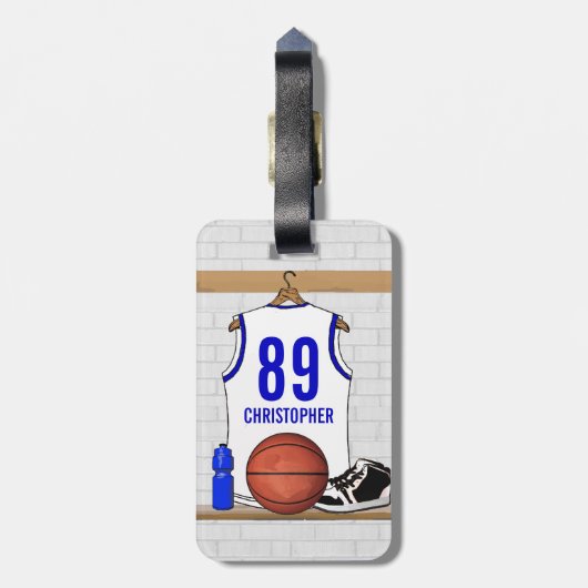 Persoonlijke Witte en Blauwe Basketball Jersey Bagagelabel (Achterkant verticaal)