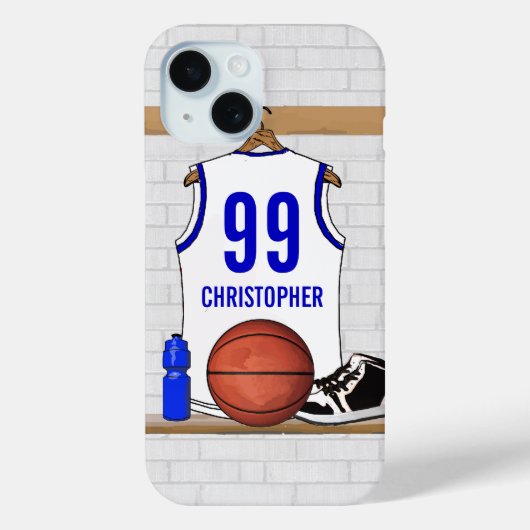 Persoonlijke Witte en Blauwe Basketball Jersey Case-Mate iPhone Case (Achterkant)