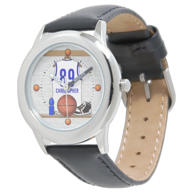 Persoonlijke Witte en Blauwe Basketball Jersey Horloge (Gekanteld)