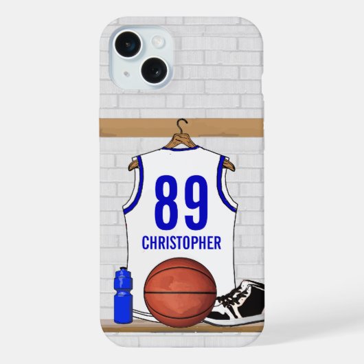 Persoonlijke Witte en Blauwe Basketball Jersey iPhone Hoesje (Achterkant)