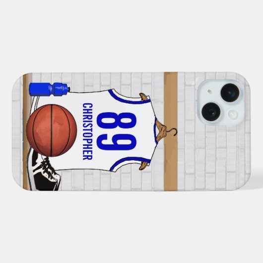 Persoonlijke Witte en Blauwe Basketball Jersey iPhone Hoesje (Achterkant horizontaal)