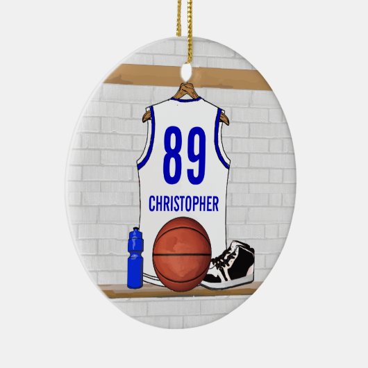 Persoonlijke Witte en Blauwe Basketball Jersey Keramisch Ornament (Rechts)