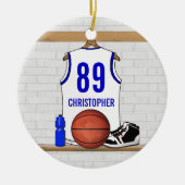Persoonlijke Witte en Blauwe Basketball Jersey Keramisch Ornament (Voorkant)