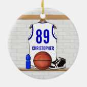 Persoonlijke Witte en Blauwe Basketball Jersey Keramisch Ornament (Achterkant)