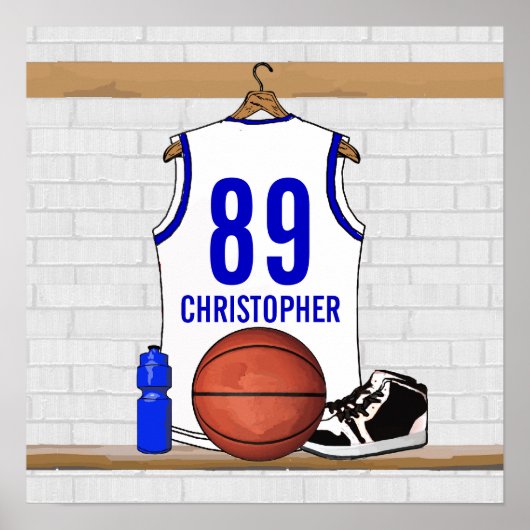 Persoonlijke Witte en Blauwe Basketball Jersey Poster (Voorkant)