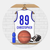 Persoonlijke Witte en Blauwe Basketball Jersey Ronde Sticker (Voorkant)