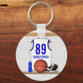 Persoonlijke Witte en Blauwe Basketball Jersey Sleutelhanger (Voorkant)