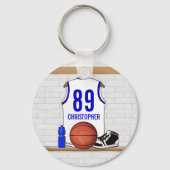Persoonlijke Witte en Blauwe Basketball Jersey Sleutelhanger (Achterkant)
