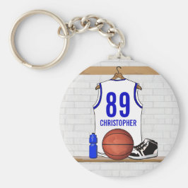Persoonlijke Witte en Blauwe Basketball Jersey Sleutelhanger