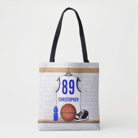 Persoonlijke Witte en Blauwe Basketball Jersey Tote Bag (Voorkant)