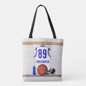 Persoonlijke Witte en Blauwe Basketball Jersey Tote Bag (Achterkant)
