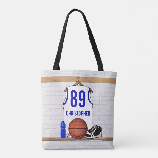 Persoonlijke Witte en Blauwe Basketball Jersey Tote Bag (Achterkant)