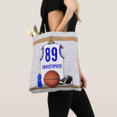 Persoonlijke Witte en Blauwe Basketball Jersey Tote Bag (Dichtbij)