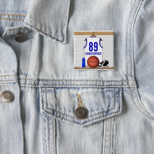 Persoonlijke Witte en Blauwe Basketball Jersey Vierkante Button 5,1 Cm (In situ)