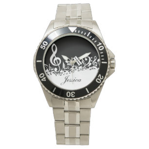 Persoonlijke witte joumloge muzieknotities op zwar horloge