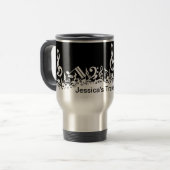 Persoonlijke witte joumloge muzieknotities op zwar reisbeker (Voorkant links)