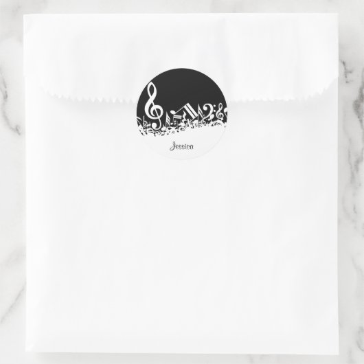 Persoonlijke witte joumloge muzieknotities op zwar ronde sticker (Tas)