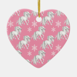 Persoonlijke witte paarden en sneeuwvlokken op roz keramisch ornament