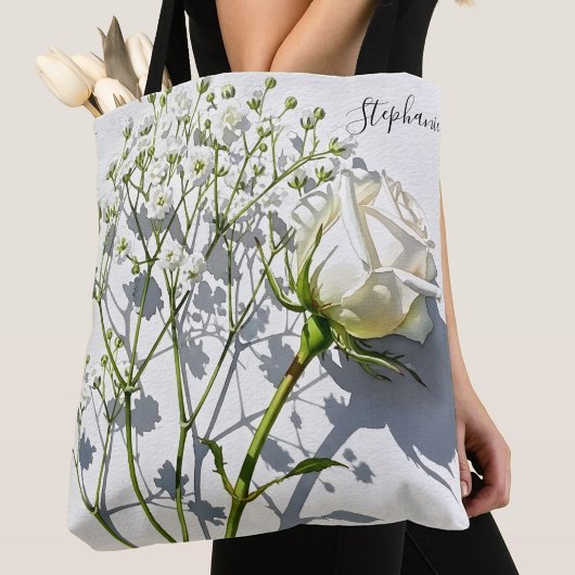 Persoonlijke witte roos bloemendragezak tote bag