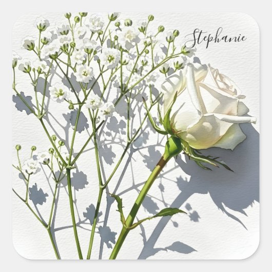 Persoonlijke Witte Roos Bloemsticker Vierkante Sticker (Voorkant)