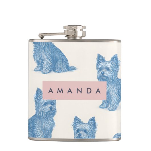 Persoonlijke Yorkshire Terrier Blauwe Naam Cadeau Heupfles (Voorkant)