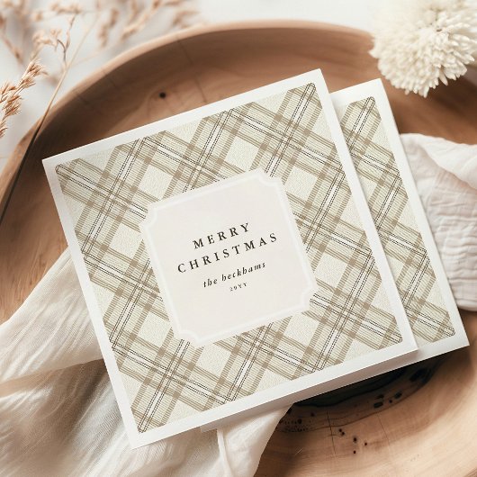 Persoonlijke zachte beige geruite vrolijke kerst servet