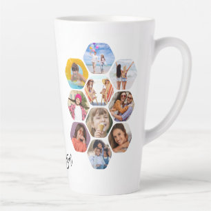 Persoonlijke Zeshoekige Fotocollage met Naam Latte Mok